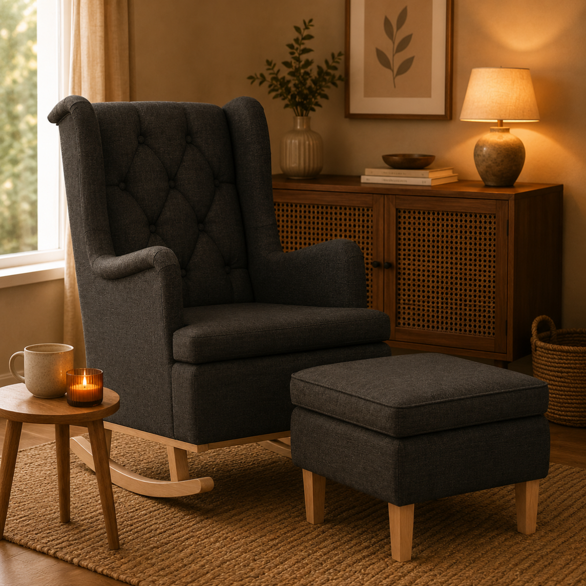 Fauteuil à bascule tissu avec repose-pieds