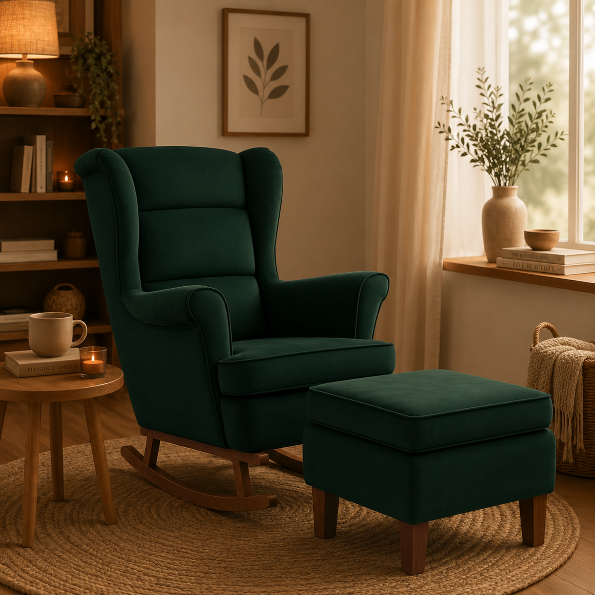 Fauteuil à bascule velours avec repose-pieds
