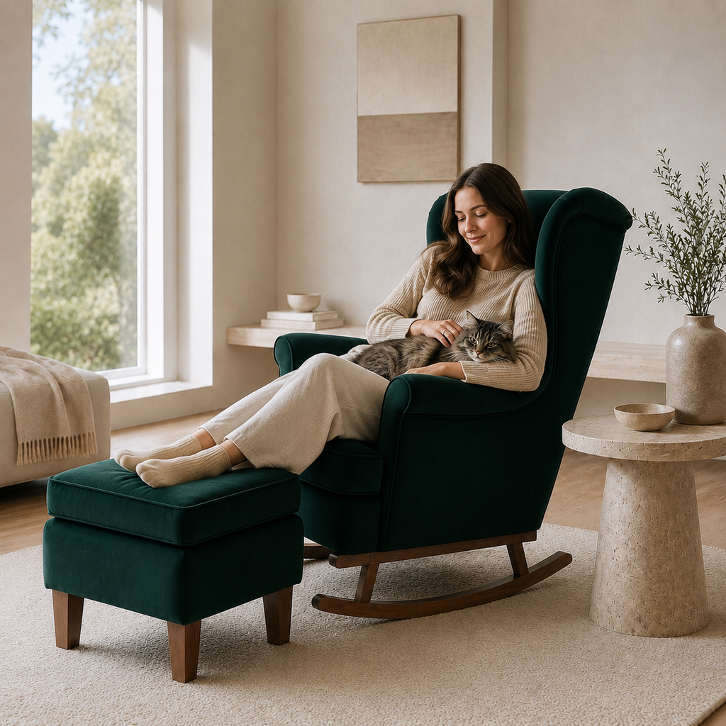 Refuge | Fauteuil à bascule velours avec repose-pieds