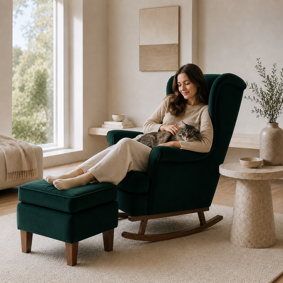 Refuge | Fauteuil à bascule velours avec repose-pieds