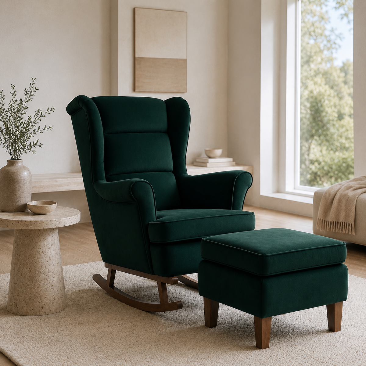Refuge | Fauteuil à bascule velours avec repose-pieds