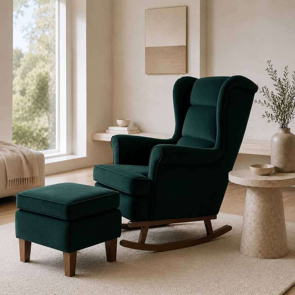 Refuge | Fauteuil à bascule velours avec repose-pieds