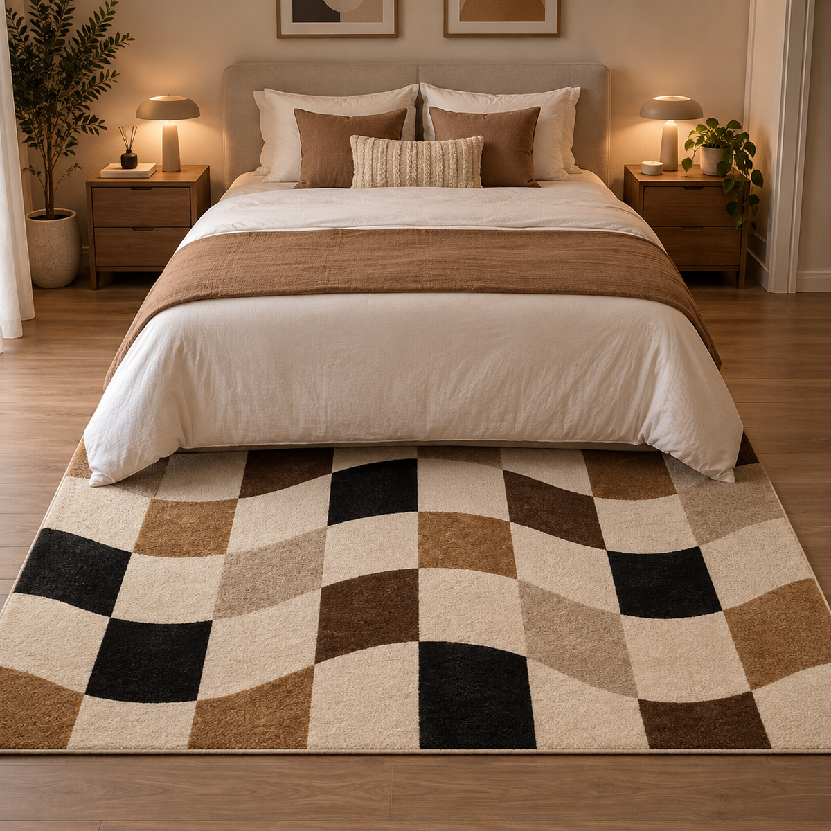 Vague | Tapis damier marron et noir