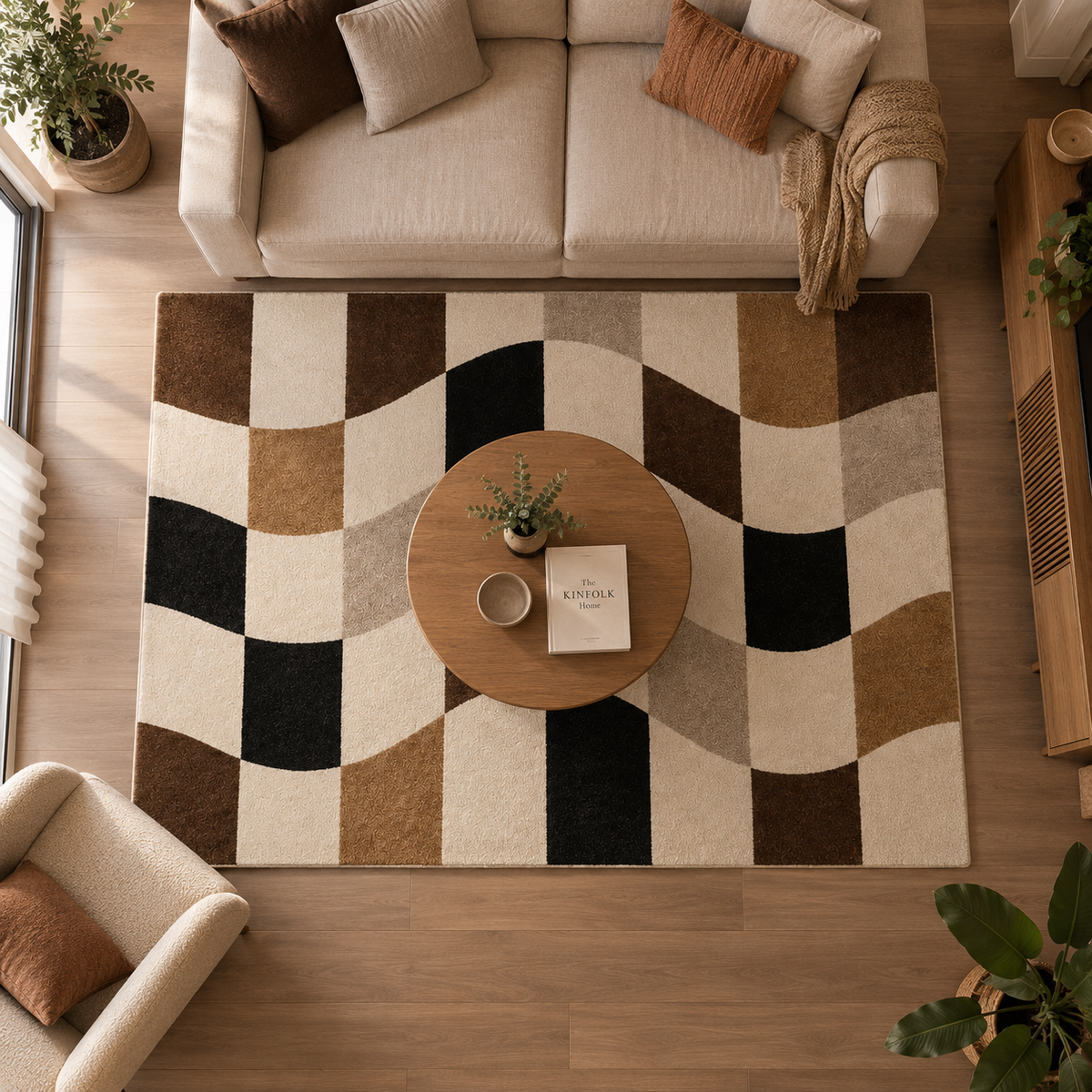 Vague | Tapis damier marron et noir