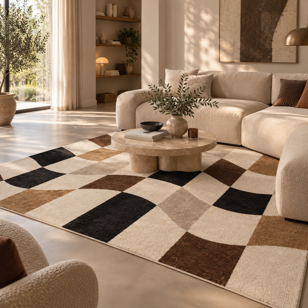 Vague | Tapis damier marron et noir