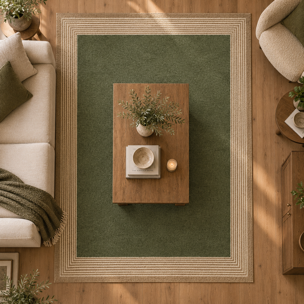 Liseré | Tapis vert olive bordure rayée