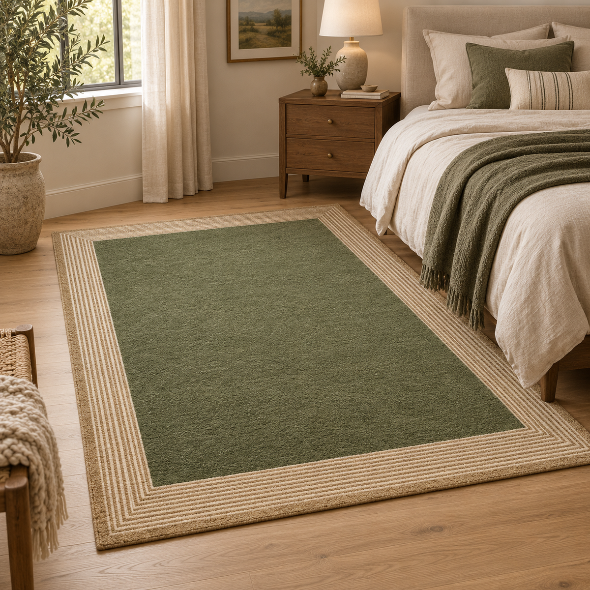 Liseré | Tapis vert olive bordure rayée