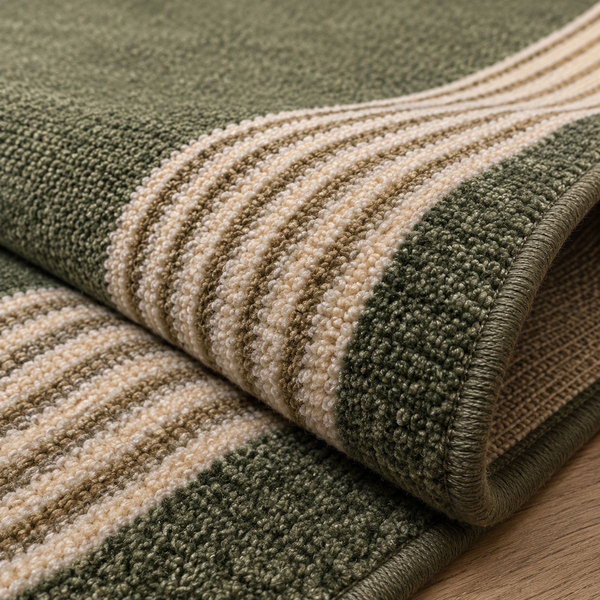 Liseré | Tapis vert olive bordure rayée