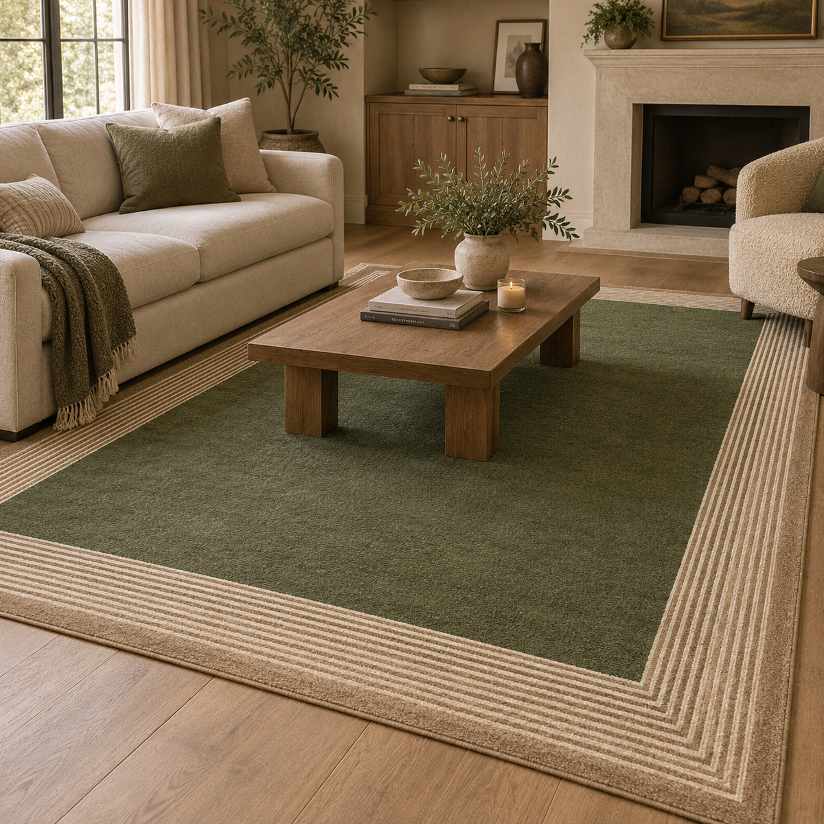 Liseré | Tapis vert olive bordure rayée